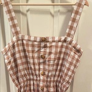 Tan and white gingham dress with buttons